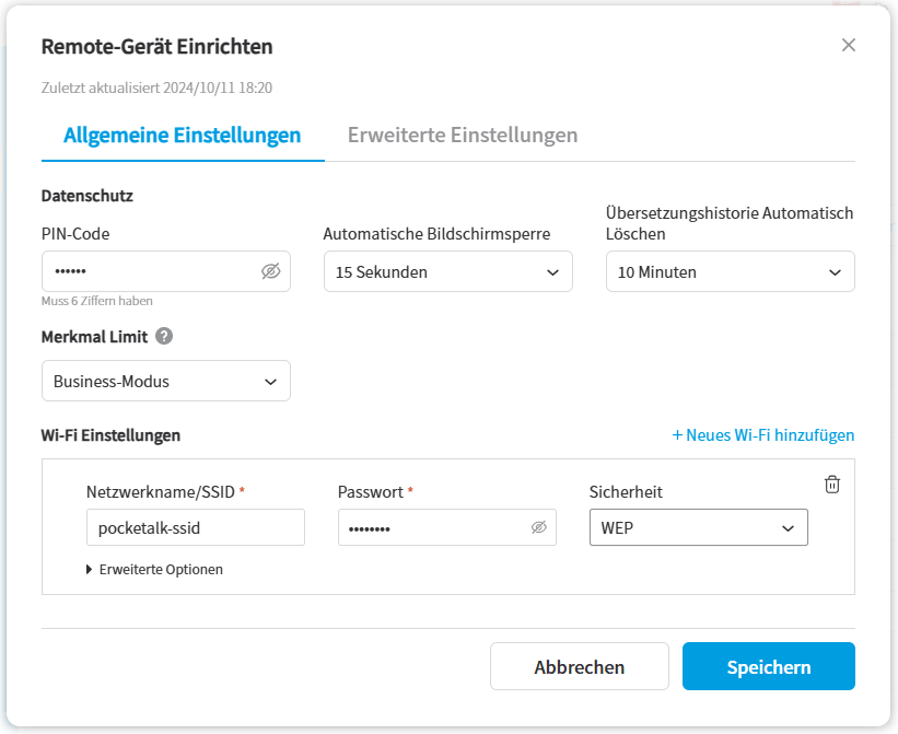 Registerkarte Allgemeine Einstellungen unter Remoteeinstellungen