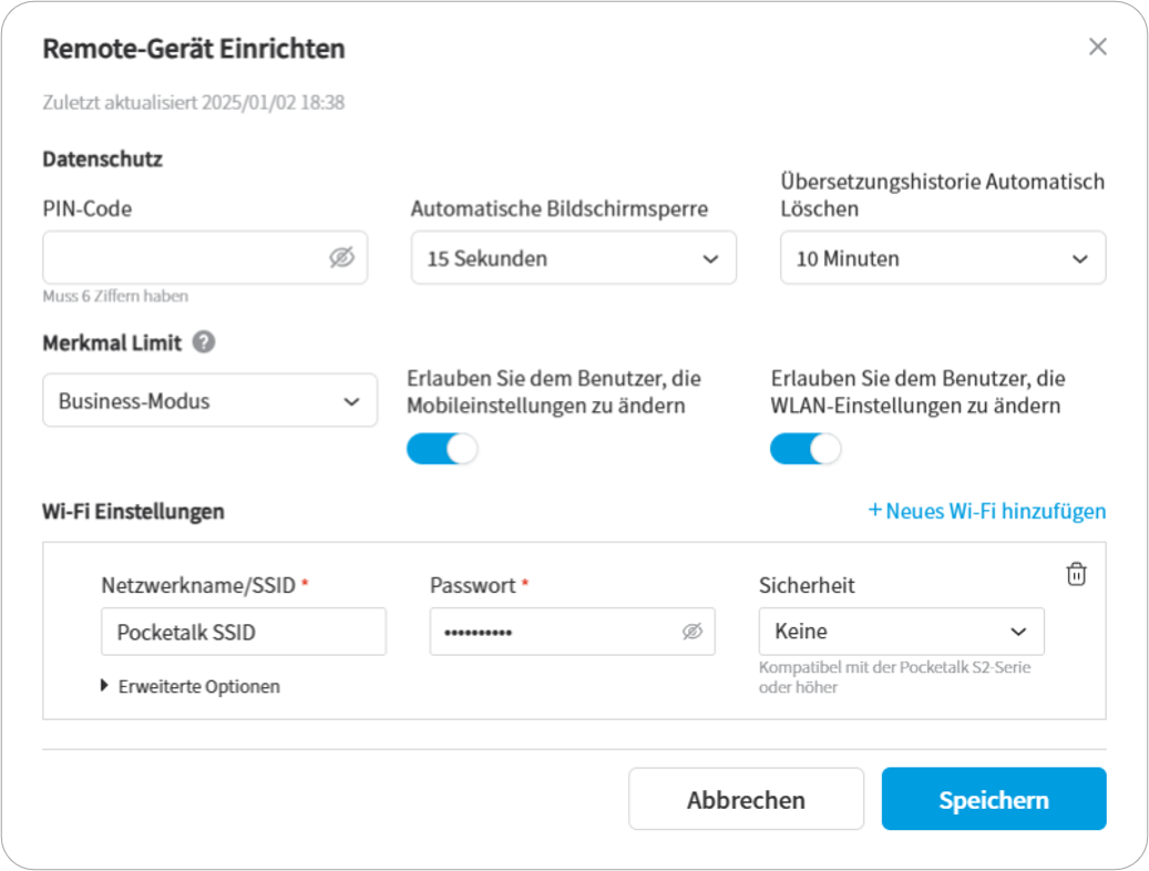 Registerkarte Allgemeine Einstellungen unter Remoteeinstellungen