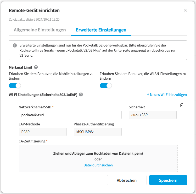 Registerkarte Erweiterte Einstellungen im Bildschirm Remote-Gerät Einrichten