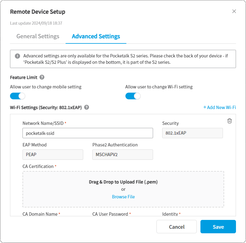 Advanced Settings tab in the Remote Device Setup screen