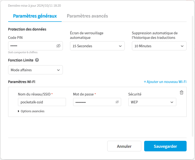 Onglet Paramètres généraux des Réglages à distance