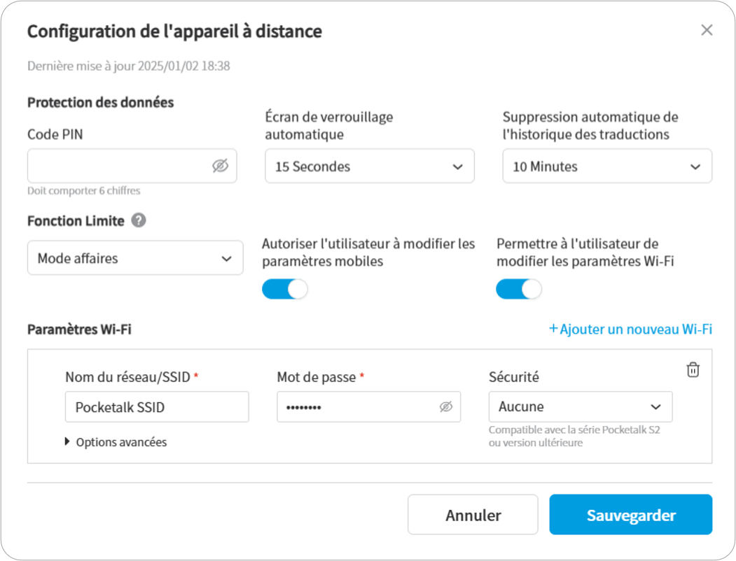 Onglet Paramètres généraux des Réglages à distance