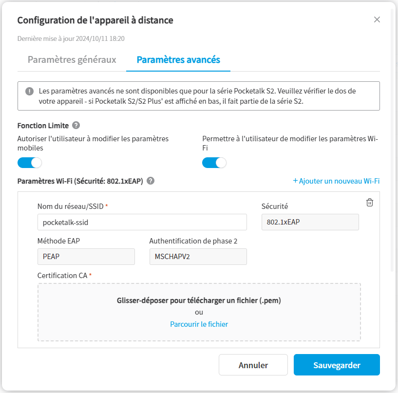 Onglet Paramètres avancés de l’écran Configuration de l’appareil à distance